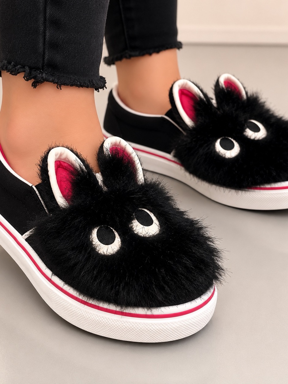 Vans Kids Black Faux-Fur Bunny Slip-On Sneakers with Pink Accent